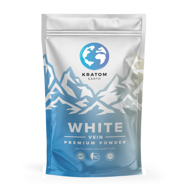 A white and blue bag labeled "Kratom Earth White Vein Premium Powder" with a mountain design. The packaging claims "No Fillers, No Additives," highlights GMP, 100% Natural, Satisfaction Guaranteed, and emphasizes the strain’s unique qualities for better sleep.